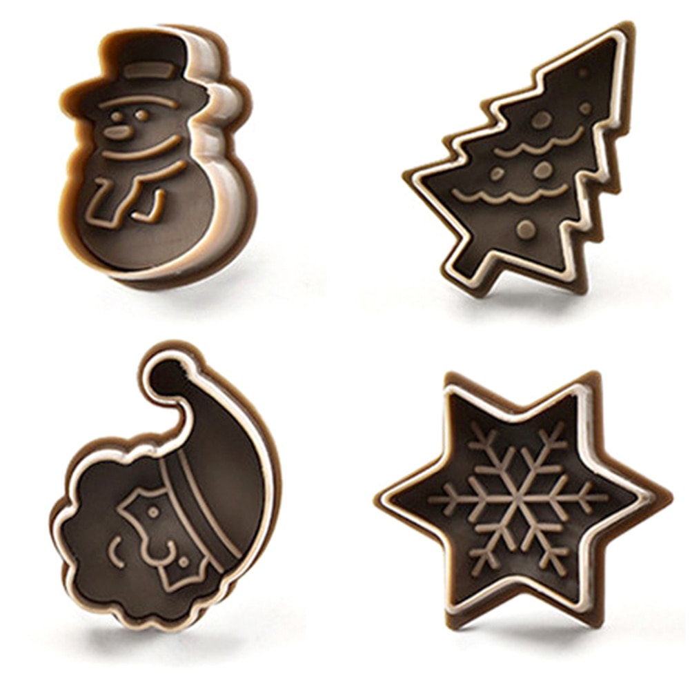 4Pcs DIY Christmas Tree Snowman Plastic Baking Mold Kitchen Biscuit Cookie Cutter Pastry Plunger Fondant Cake Decorating Tools